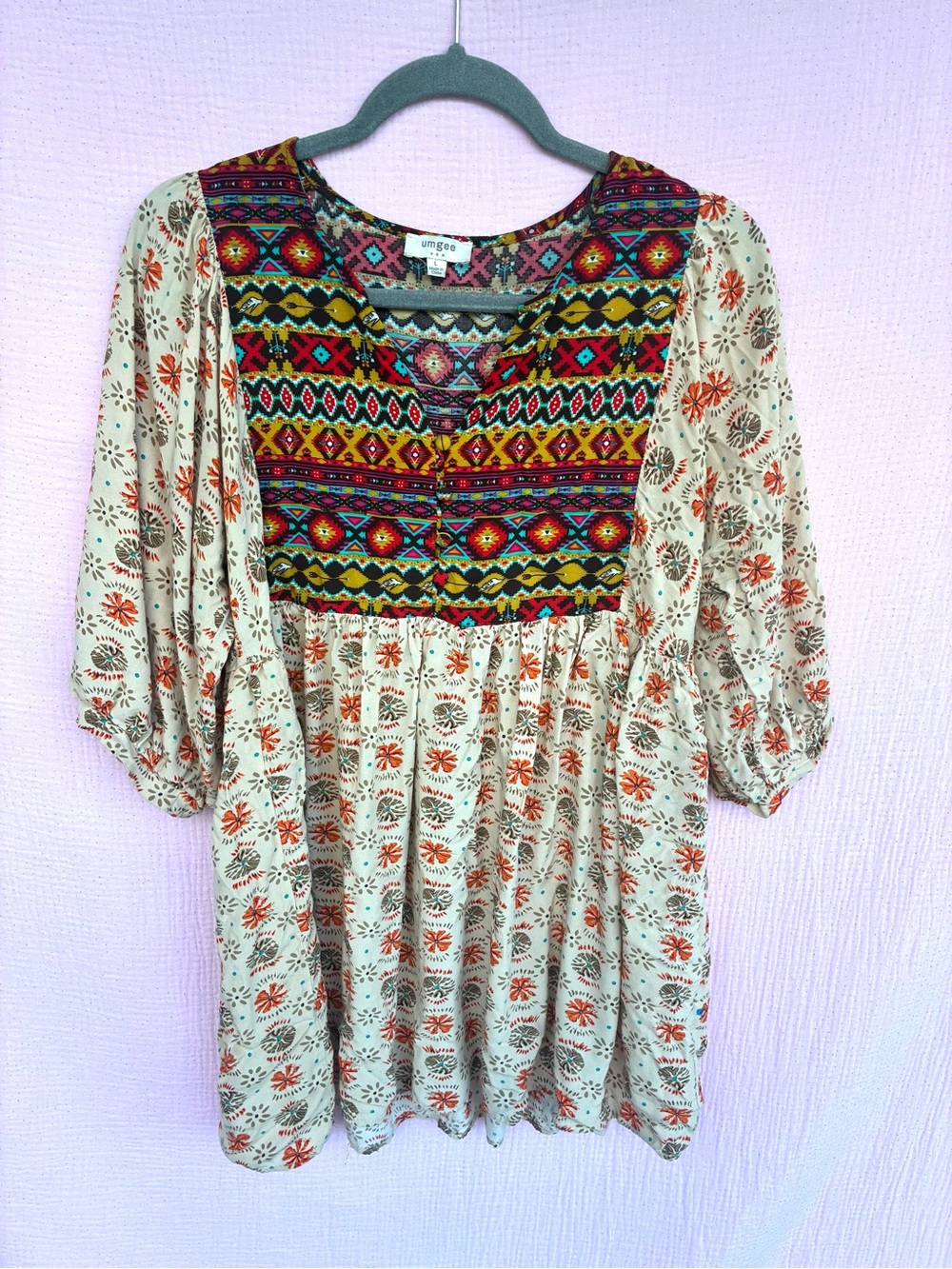 Umgee Boho Aztec Print Babydoll Tunic Dress Size Large
